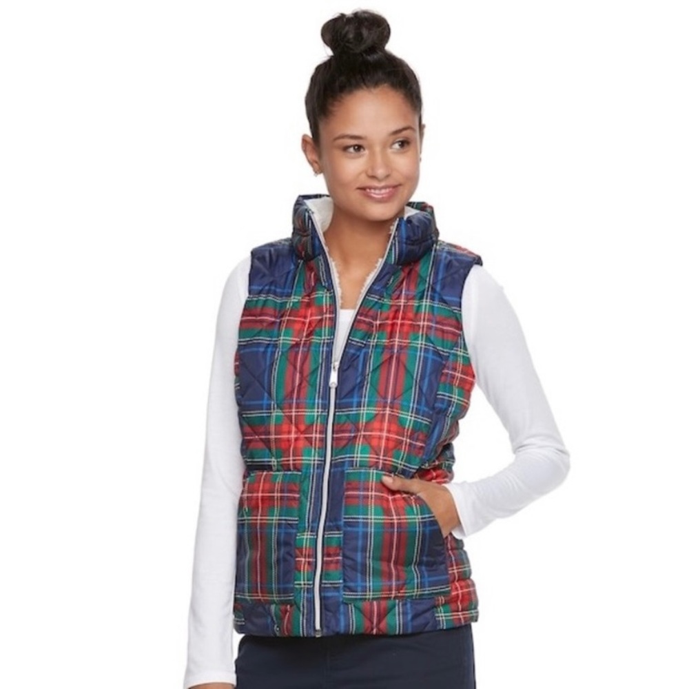 SOLD SO Plaid Sherpa-Lined Puffer Vest - Picture 1 of 6
